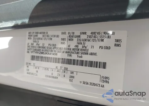 2018 Ford Transit T-250 z USA, uszkodzony, nr VIN 1FTYR1ZM5JKA41458